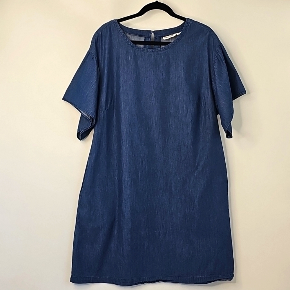 Westport Blue Denim A-line Liteweight Dress Short Flutter Sleeves SidePockets XL - Picture 8 of 9